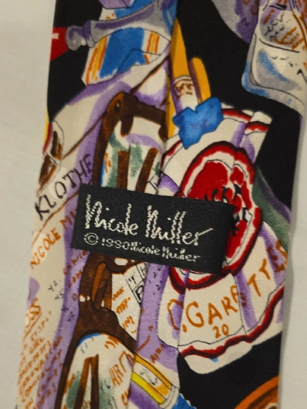 Nicole Miller Black Vintage Silk Tie with Coffee, Crossword & Colorful Motifs